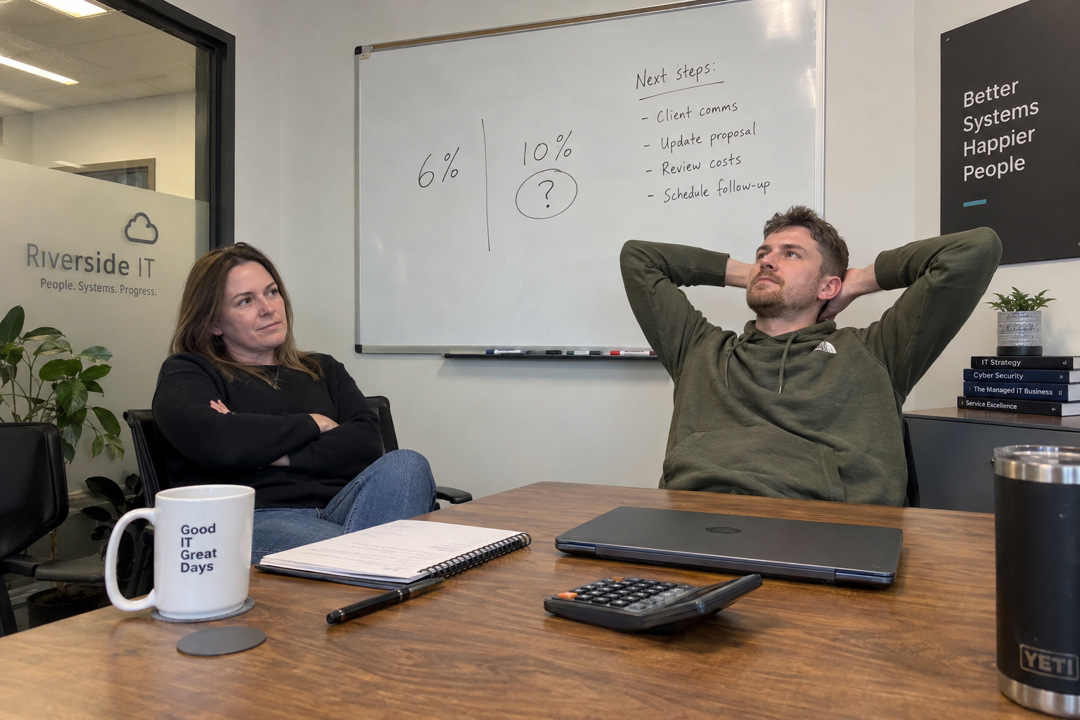 Two MSP colleagues consider a sales budget beside a whiteboard comparing 6% and 10%.