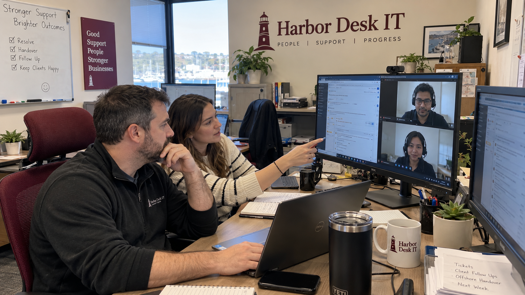 MSP staff review a ticket handover with offshore service desk colleagues on a video call.