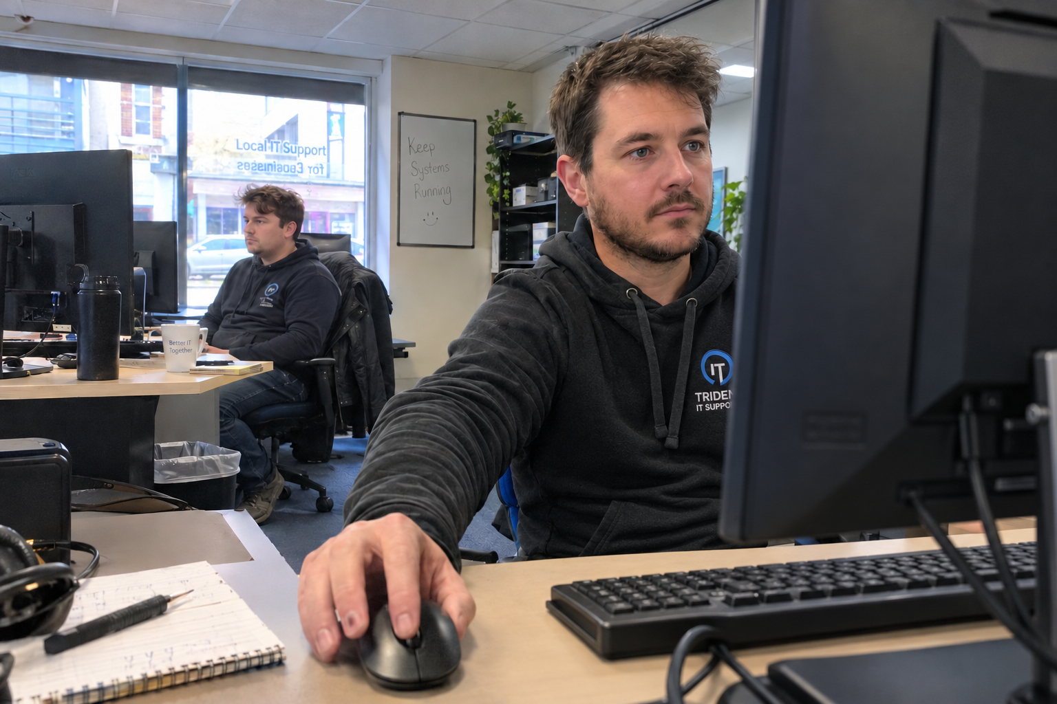 Two technicians work at support desks in a small MSP office.