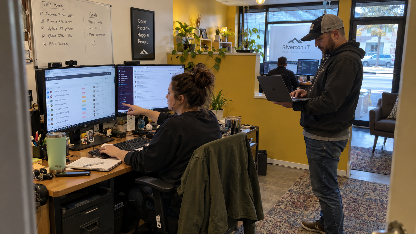 MSP working lead uses a ticket assignment process at her workstation while a colleague checks a laptop