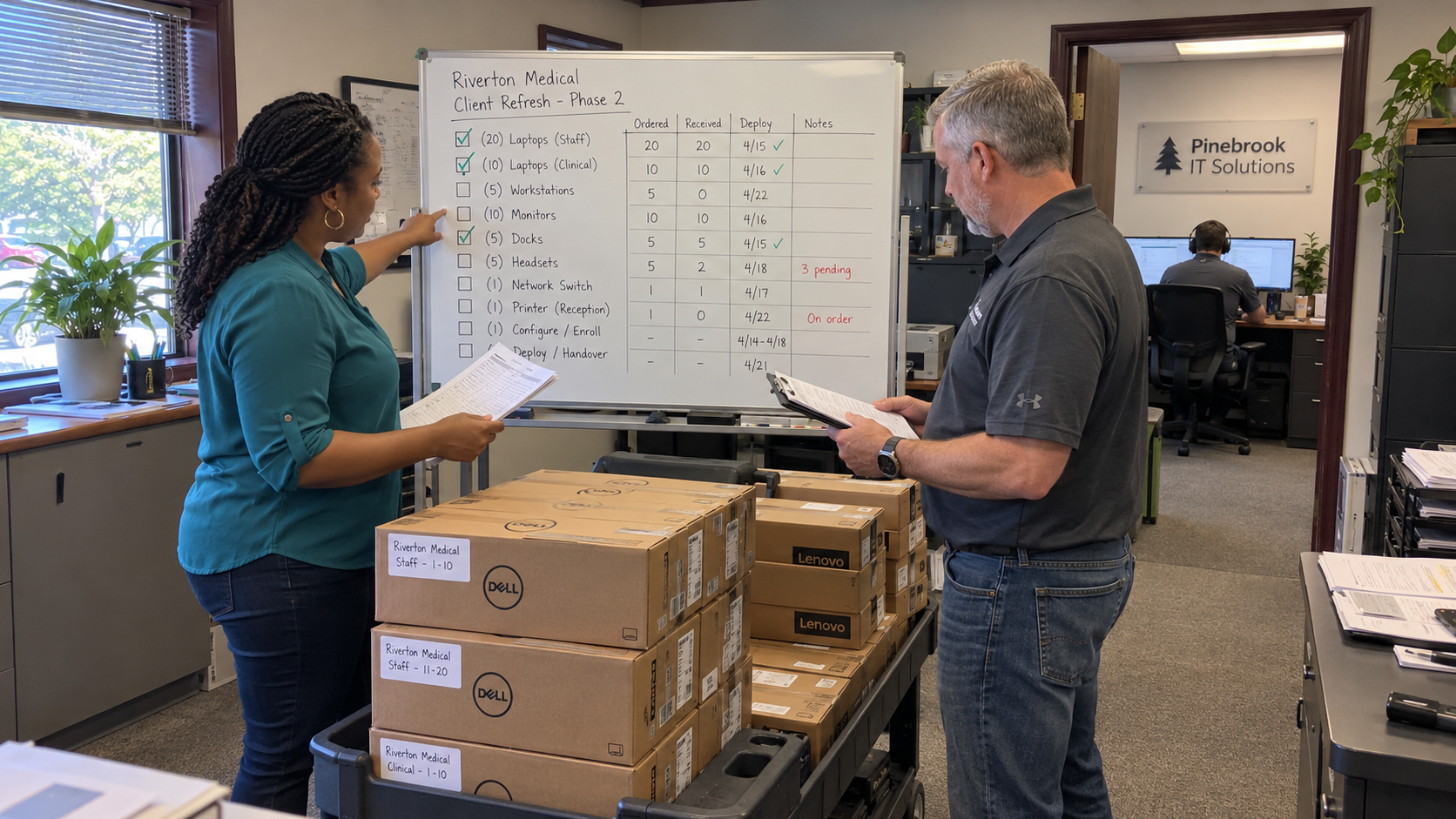 MSP account lead and project engineer review a client refresh plan for cross selling services
