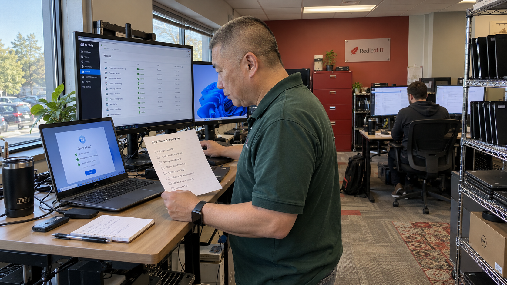 MSP technician applies RMM best practices while checking an onboarding policy and enrolled laptop