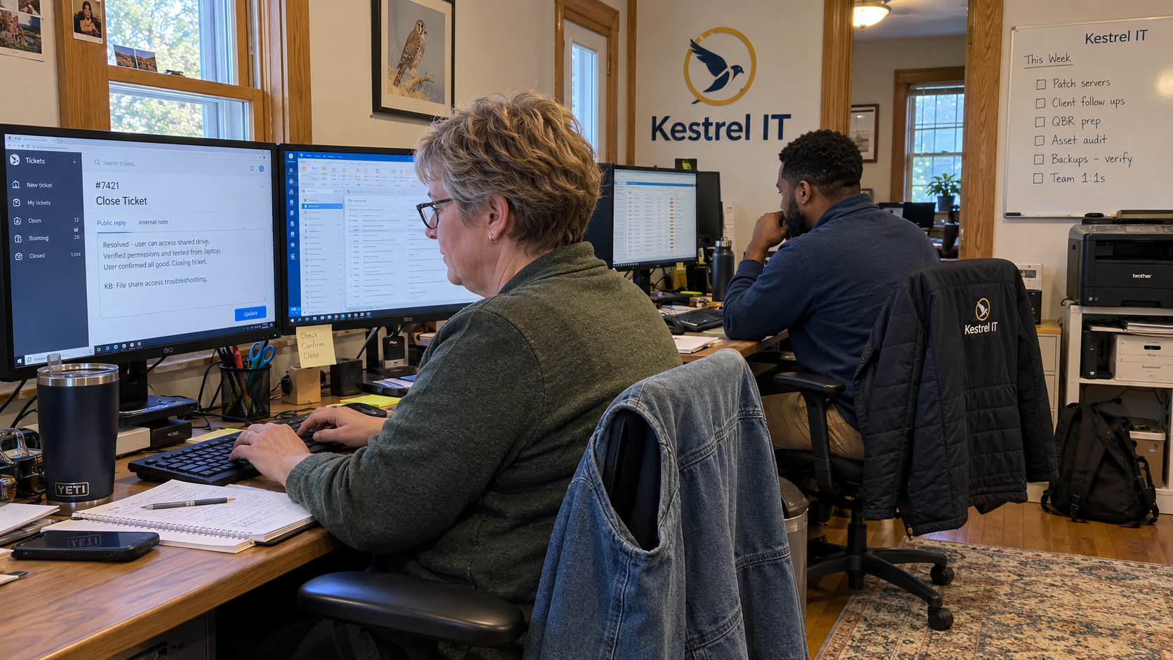 A technician writes a closing note that follows IT ticket documentation best practices at her support workstation.