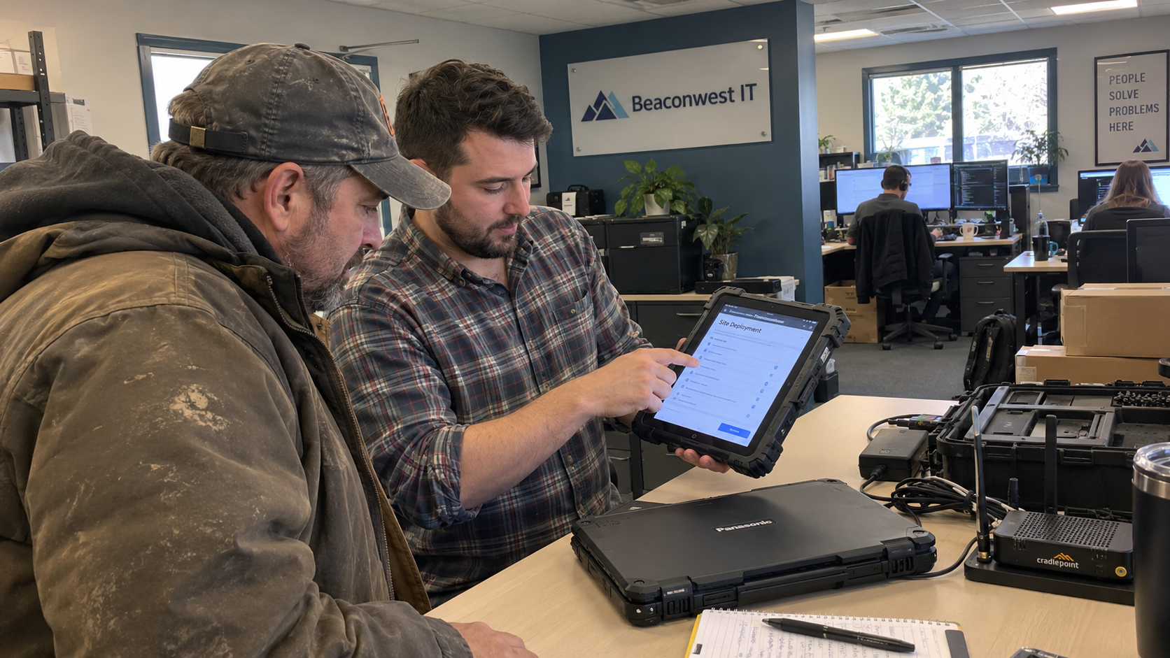 An MSP technician shows a field customer a rugged crew tablet while planning IT for construction companies.