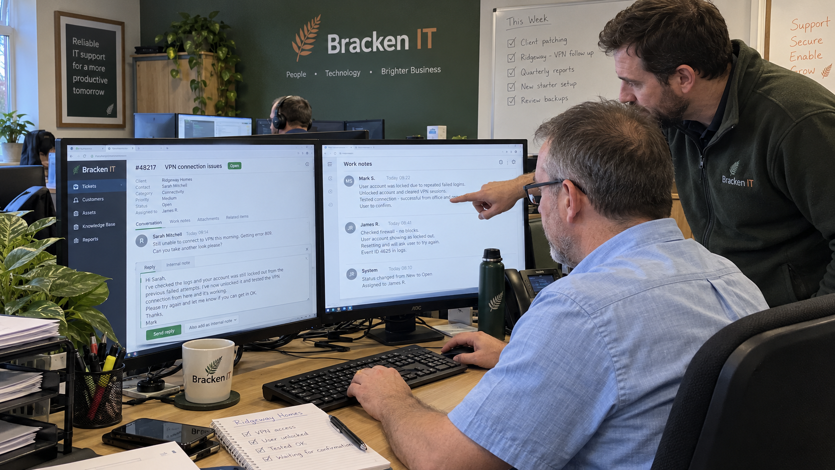MSP technician and service lead check customer service email templates against a ticket and its work notes