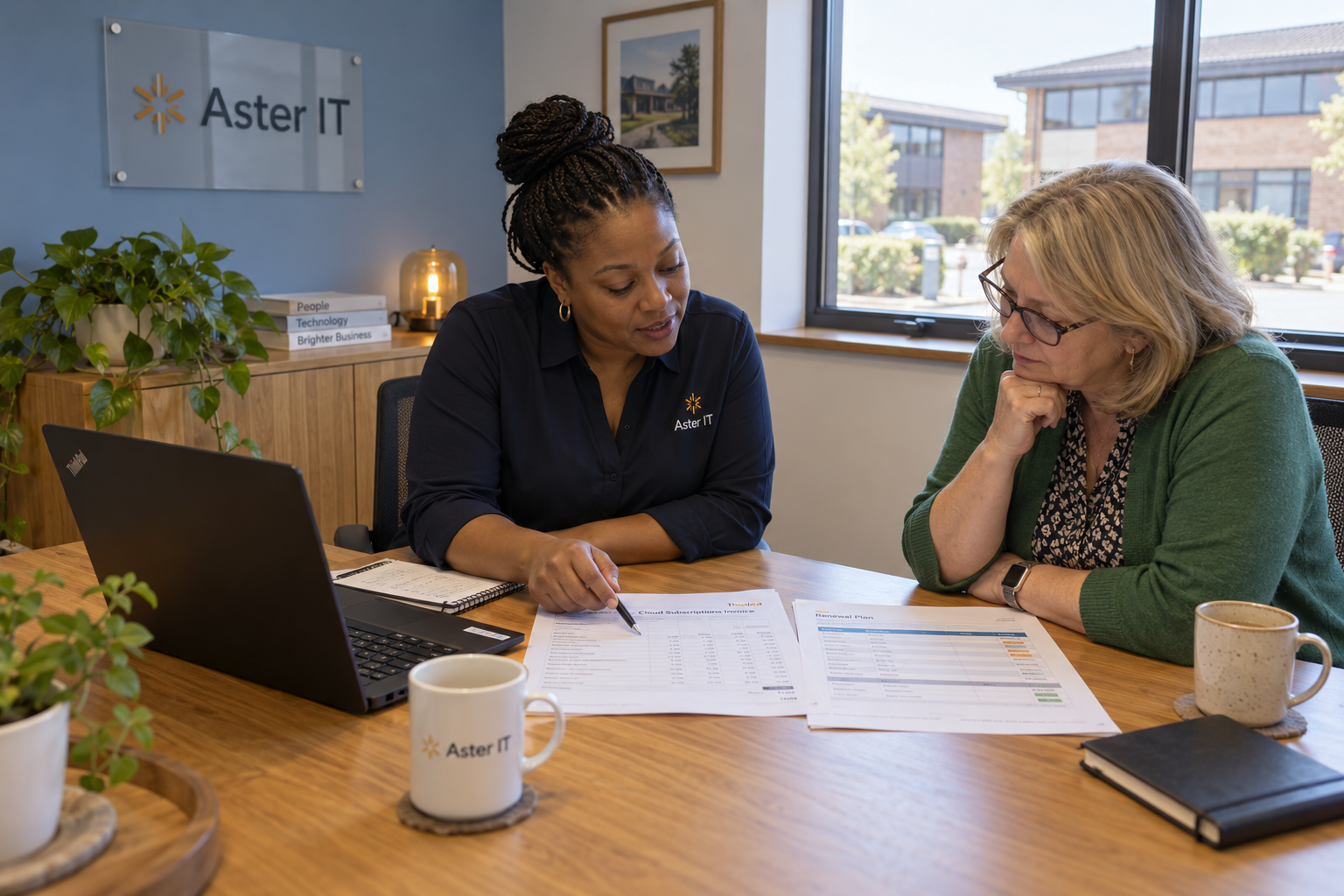 MSP account lead and client checking subscription invoices for cloud cost optimization at a business review