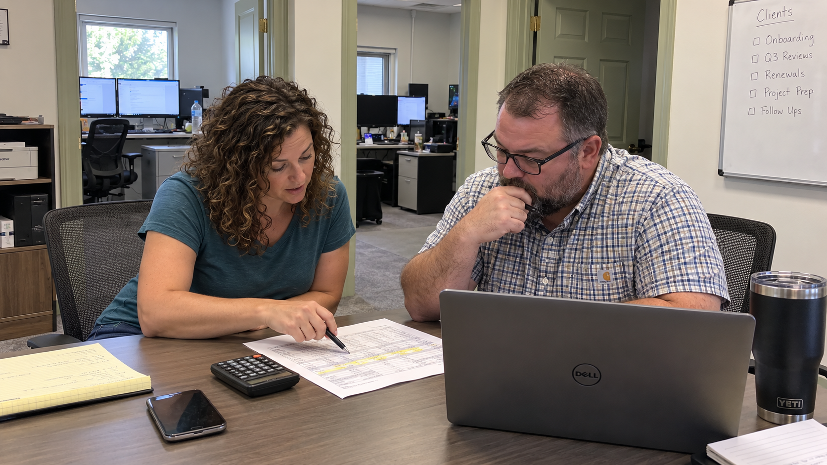 MSP owner and salesperson review a pay sheet for a commission structure for sales reps