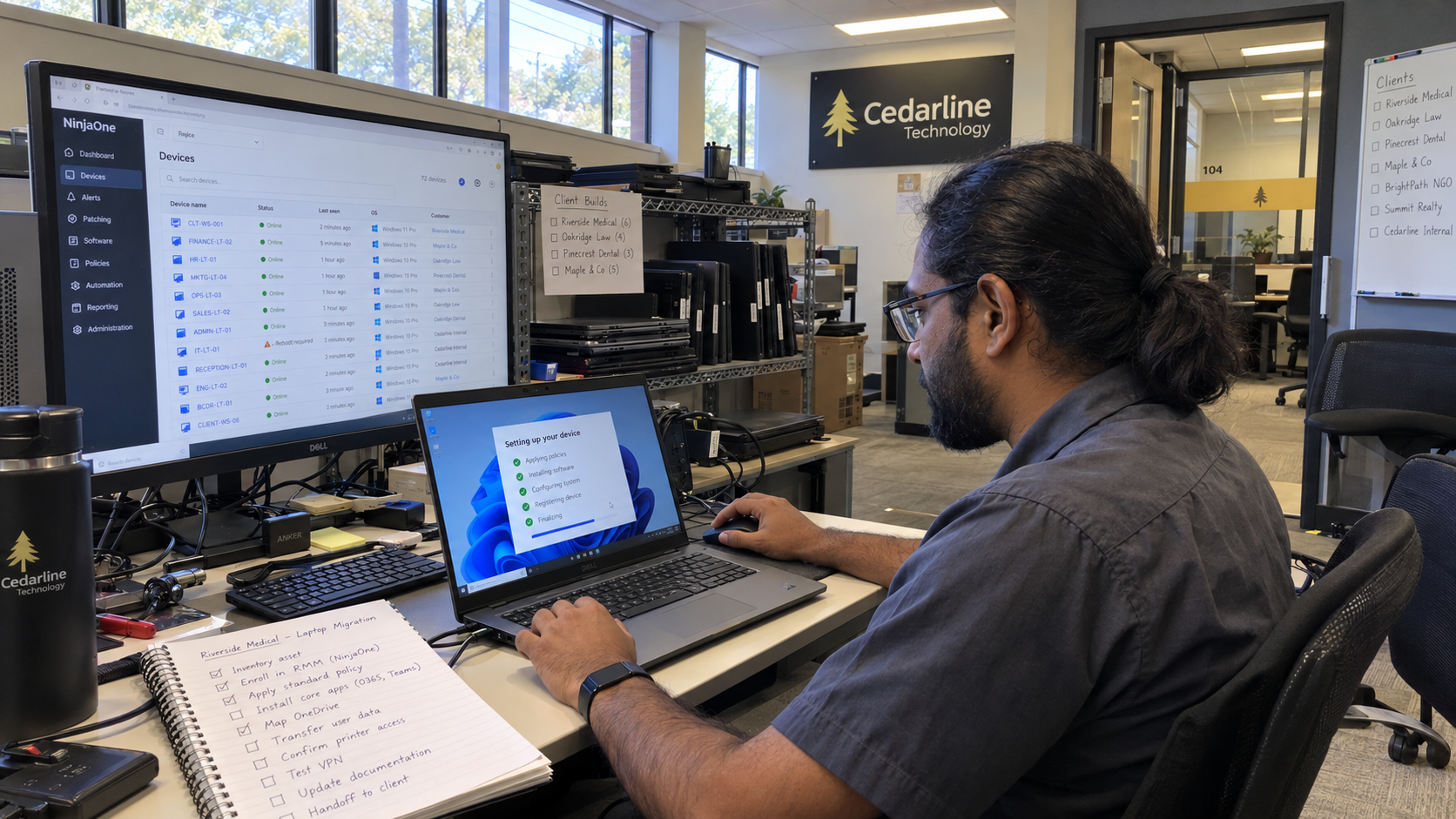 Technician checks a client laptop and management console during an RMM migration test