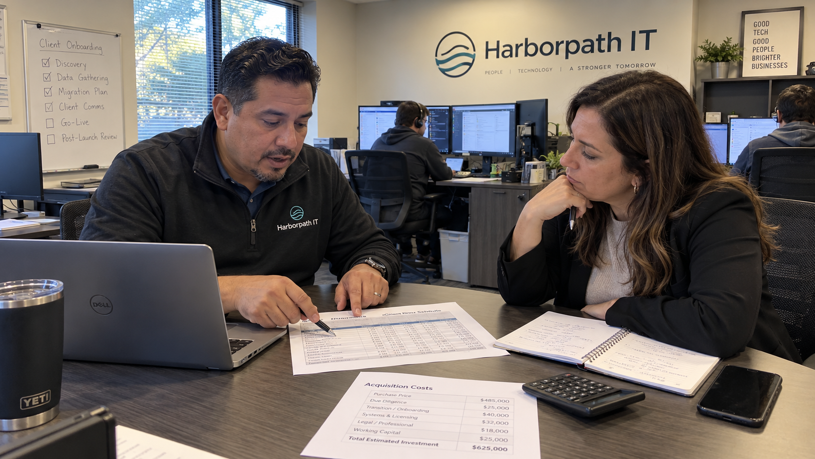 MSP owner and adviser review a client-book acquisition worksheet while considering buying an MSP