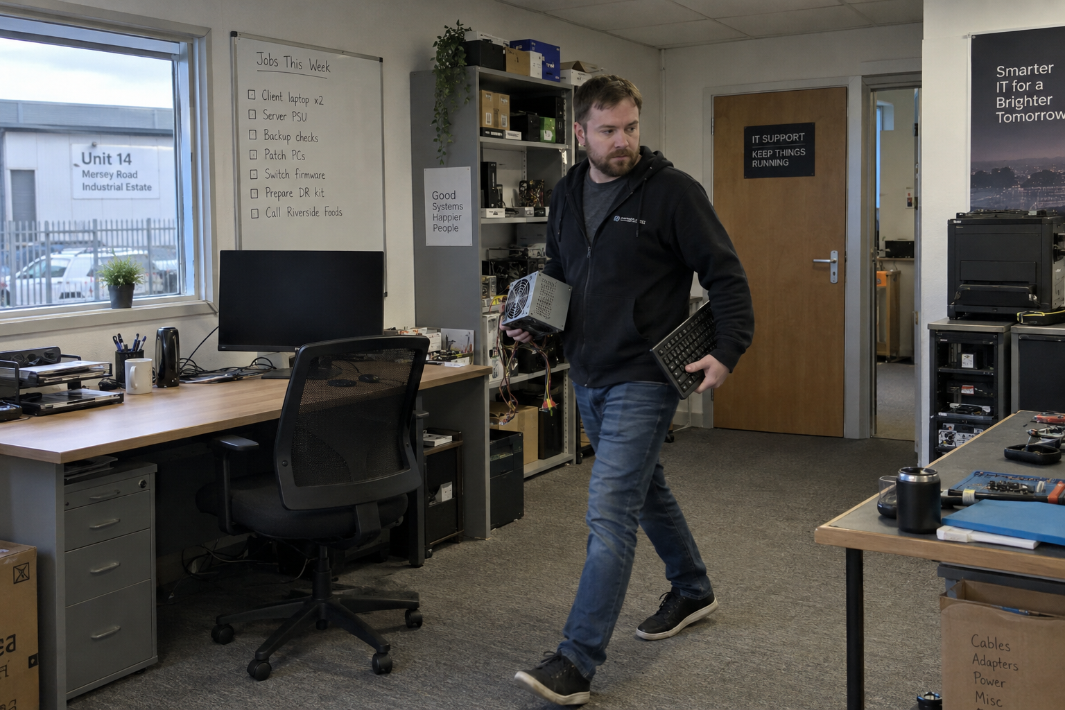A technician carries a power supply and keyboard past the week's job list in an MSP office.