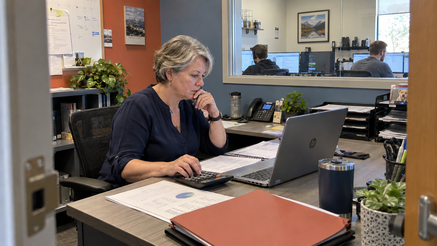 MSP owner reviews financial reports and a calculator while assessing how to increase EBITDA