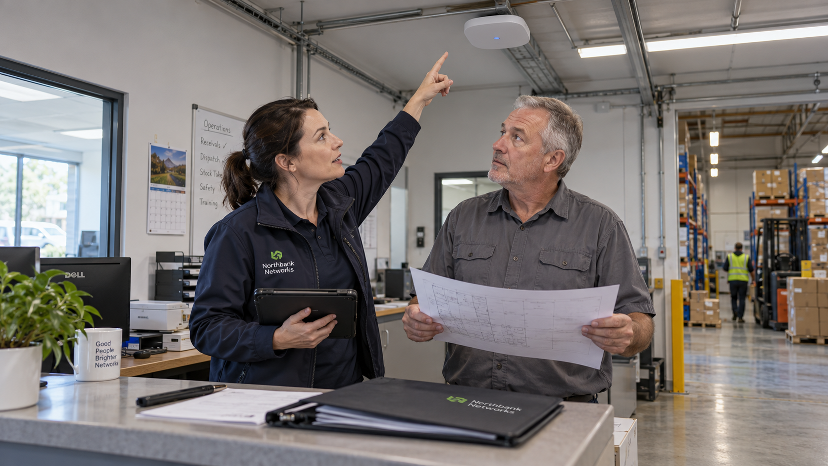 MSP network technician and client review the site scope for managed wifi services beneath a ceiling access point