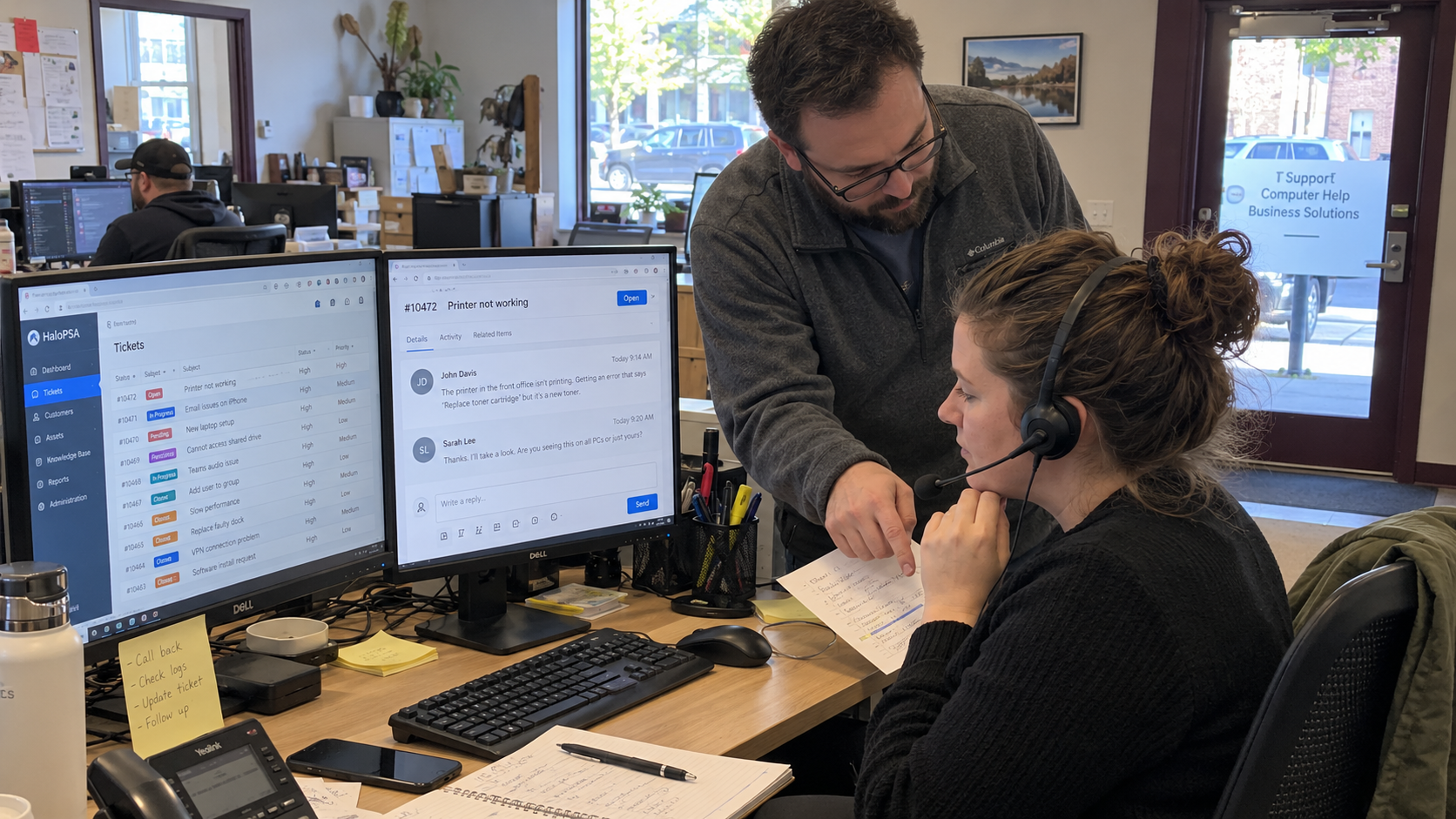 Technician handles a phone request at an omnichannel service desk while a colleague checks the existing ticket