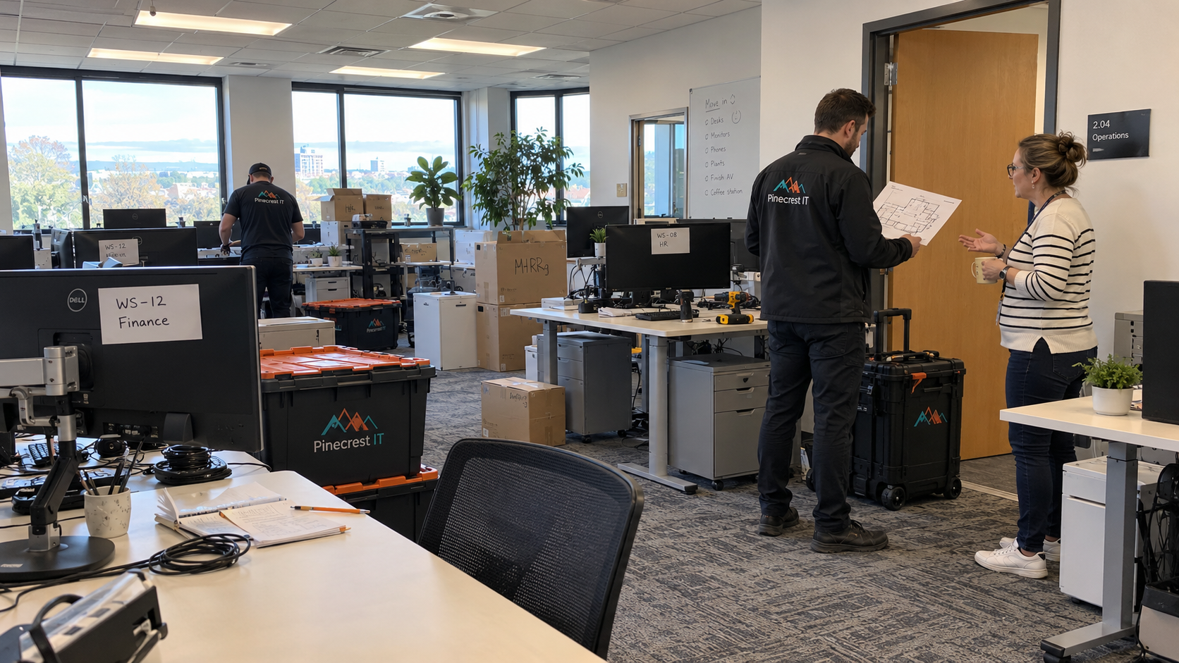 MSP project coordinator and client contact check a floor plan and an office move IT checklist among packed devices
