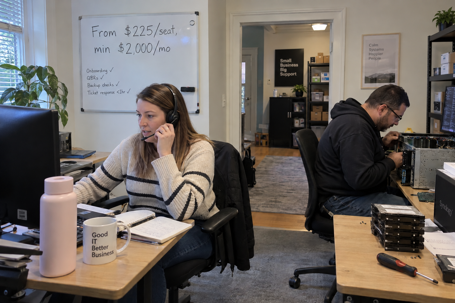 MSP salesperson takes a prospect call beside the seat price and minimum for MSP pricing on your website