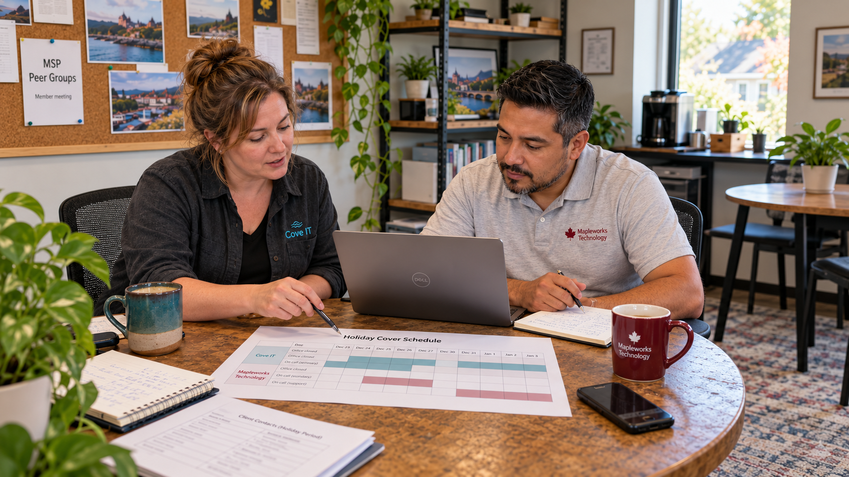 MSP peer groups meeting where two owners review a reciprocal holiday-cover schedule