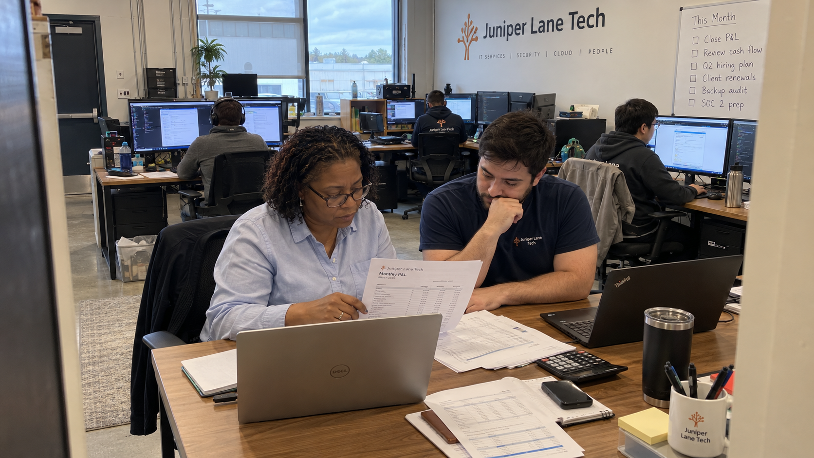 MSP owner and finance colleague compare a P&L during their monthly financial review