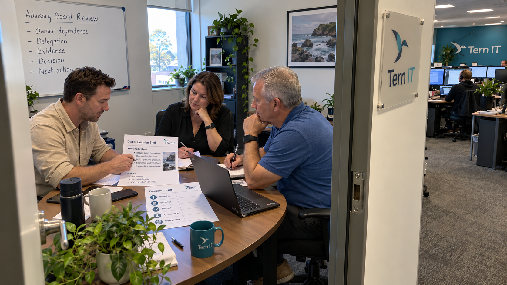 An advisory board for small business reviews an MSP owner's decision brief and action log.