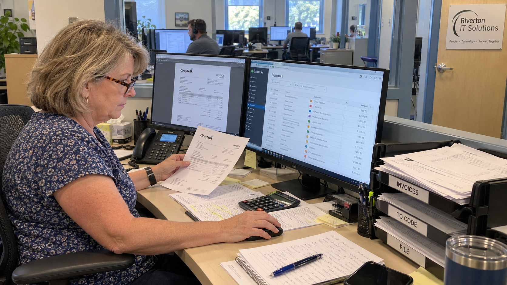 Bookkeeper matches supplier invoices to expense categories in an MSP chart of accounts at her workstation