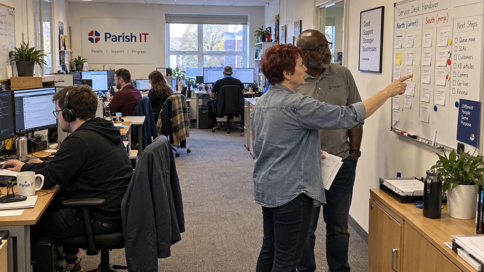 Service leads compare queue handoffs for post merger integration while MSP technicians continue client work