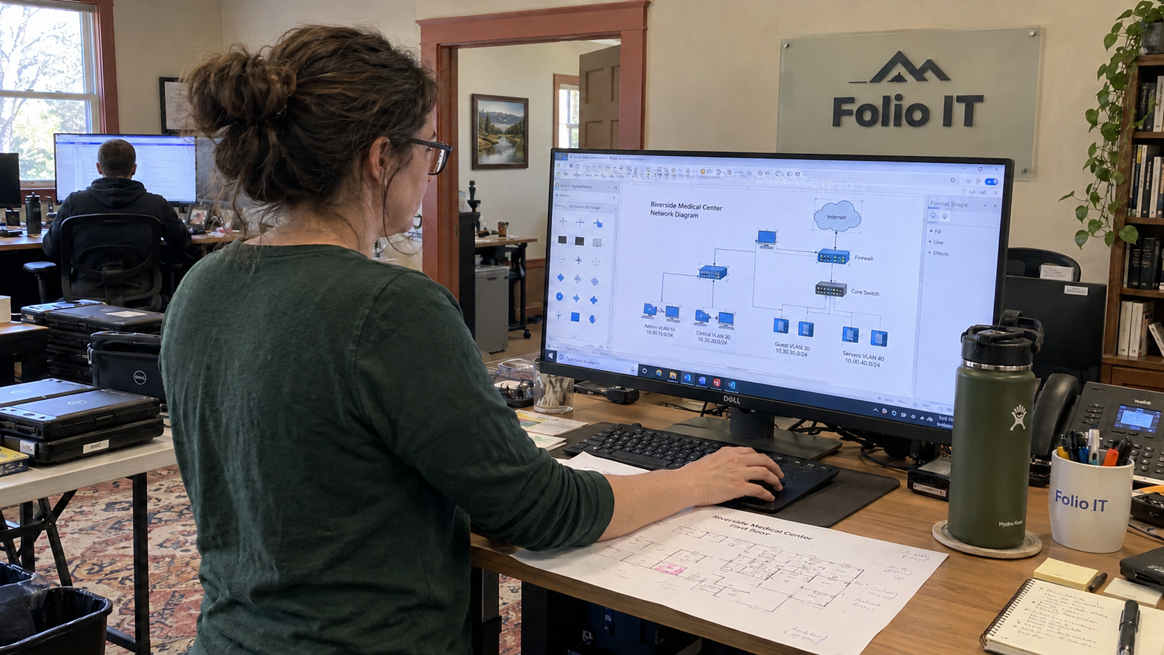 Technician updating a network diagram from a site floor plan, following network documentation best practices.