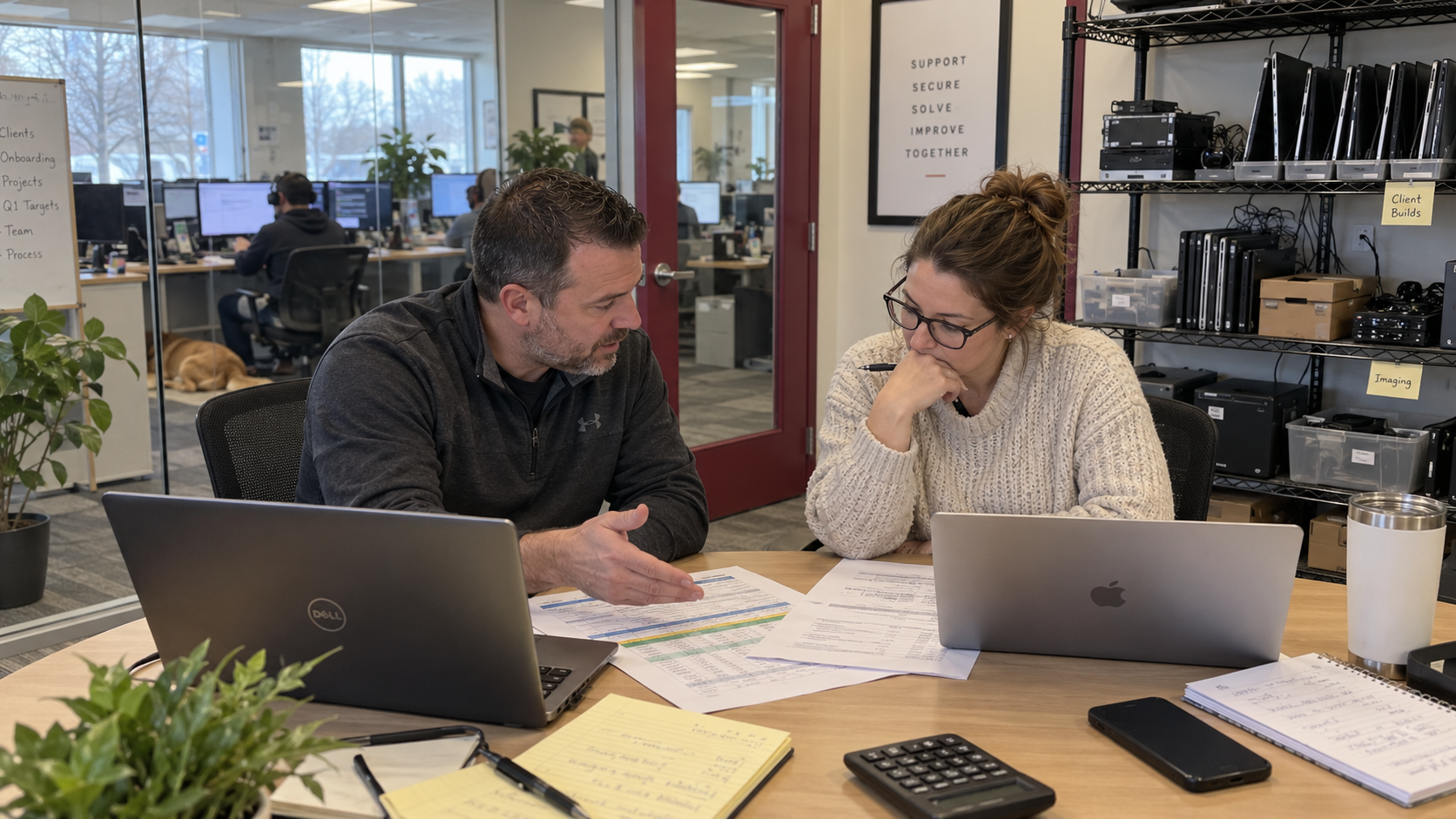 An MSP owner and finance colleague compare acquisition documents beside their laptops.