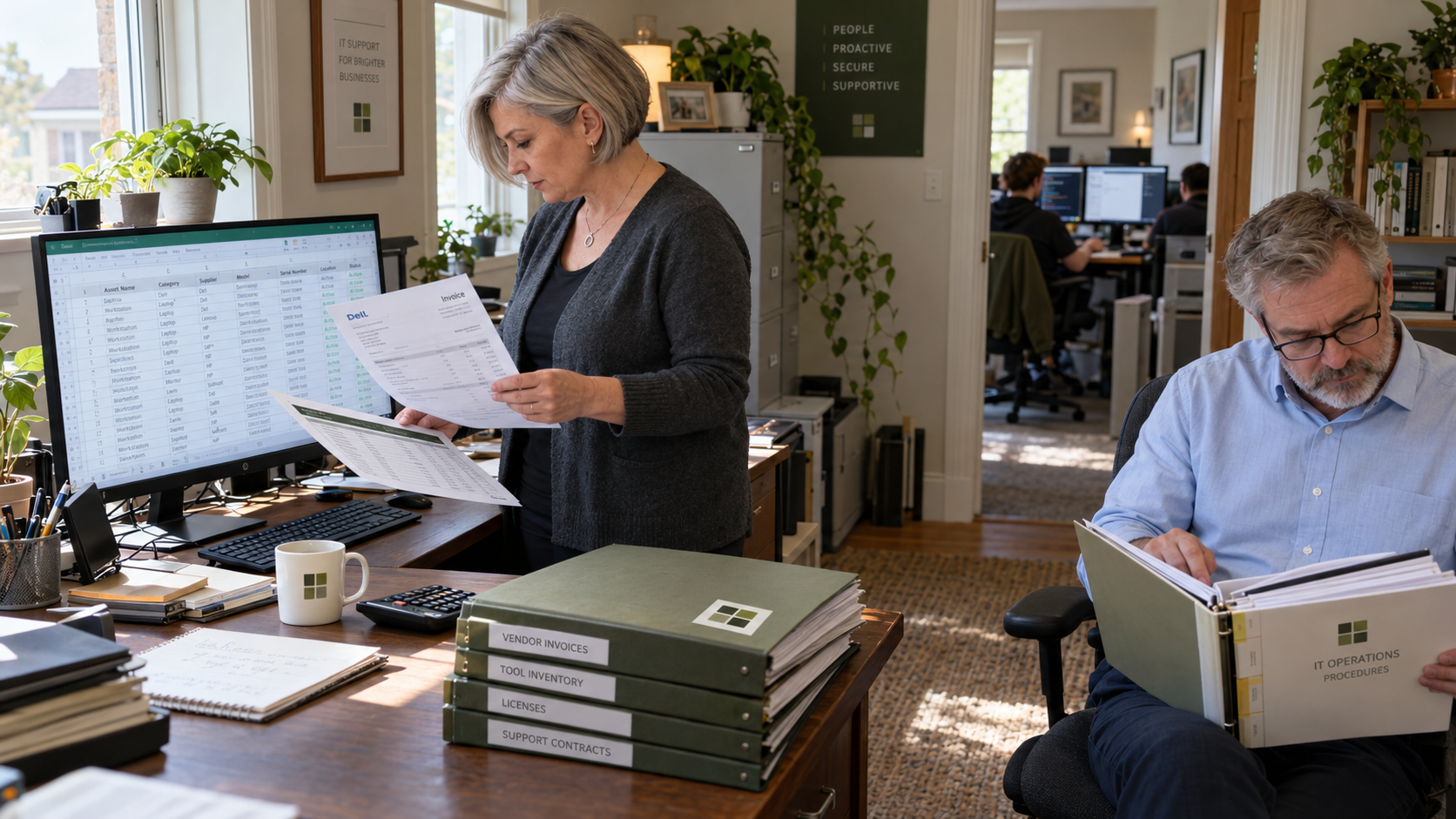 MSP finance and technical leads assemble tool records for an IT due diligence checklist