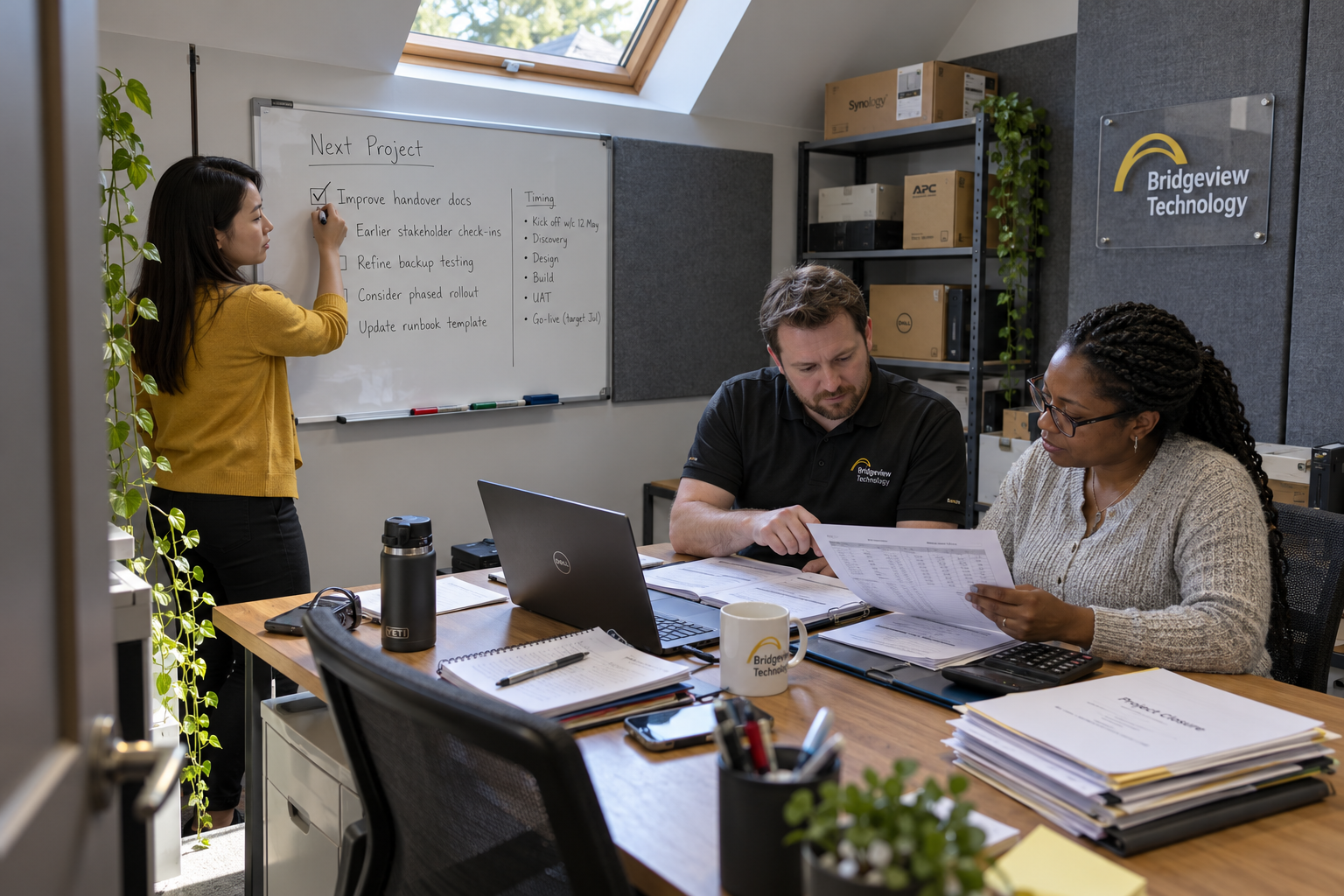 An MSP team discusses project retrospective questions beside work records and a whiteboard of next-job changes.