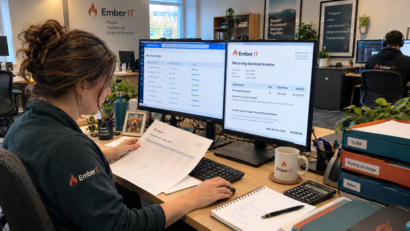 MSP accounts colleague checks cloud records and a base service invoice while reviewing usage based pricing