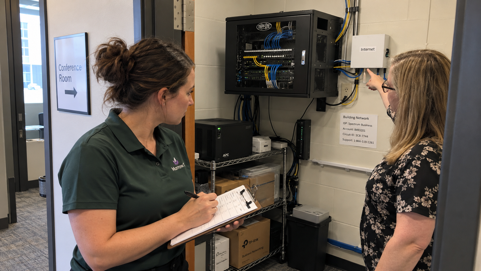 MSP technician uses a network assessment checklist while a prospect points out equipment in a utility room