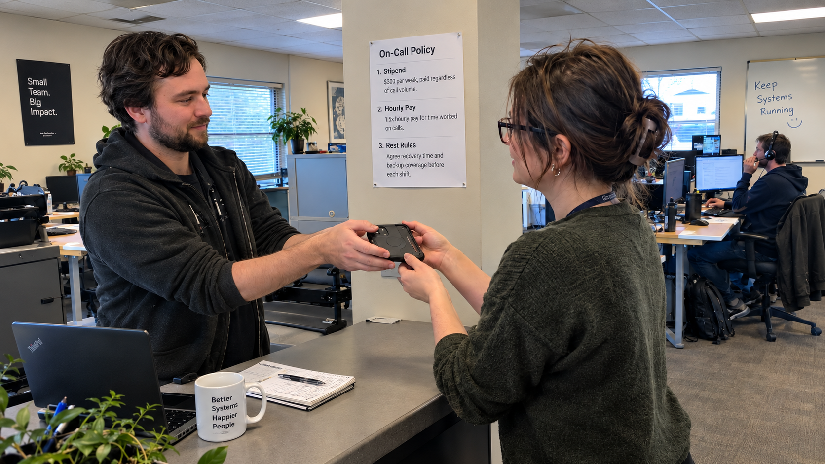 One technician hands the on-call phone to a colleague beneath a printed on-call policy.