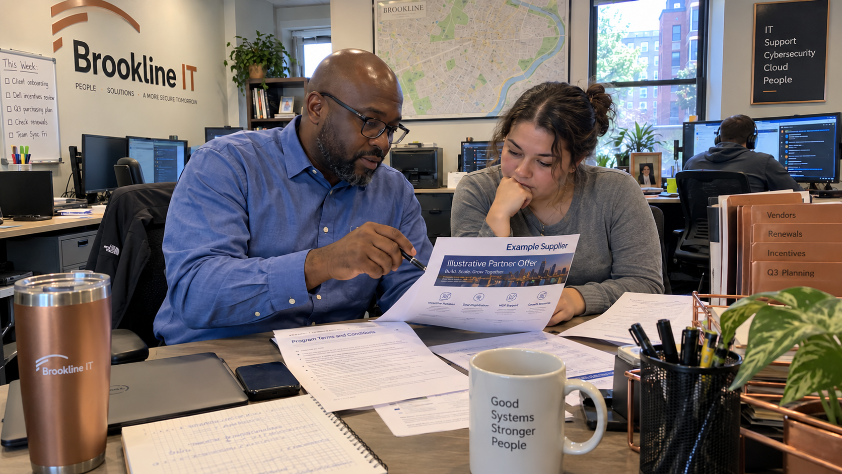 MSP owner and purchasing colleague review an illustrative supplier offer for vendor rebates