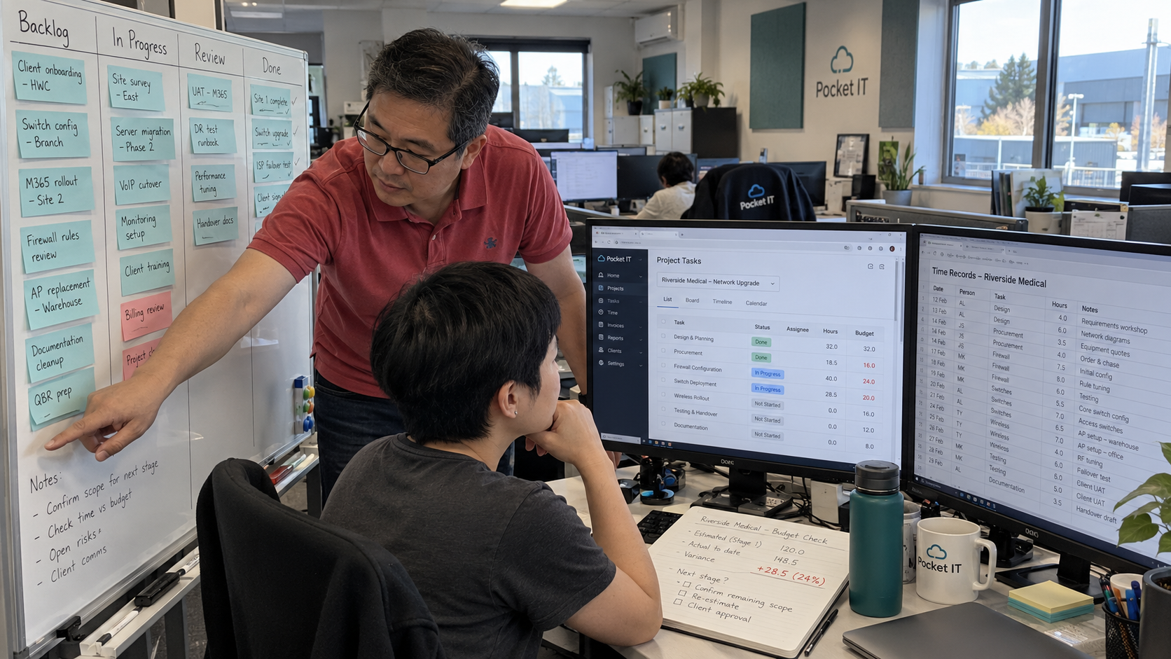 MSP coordinator and engineer compare tasks and time records to check why projects go over budget