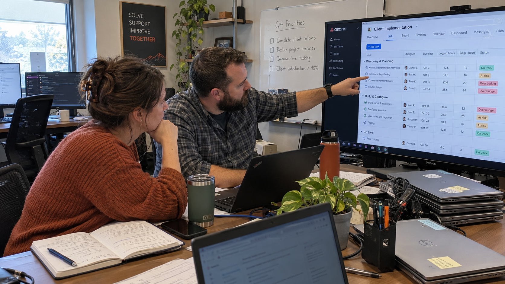 Two MSP colleagues compare logged and budgeted project hours on a large monitor.