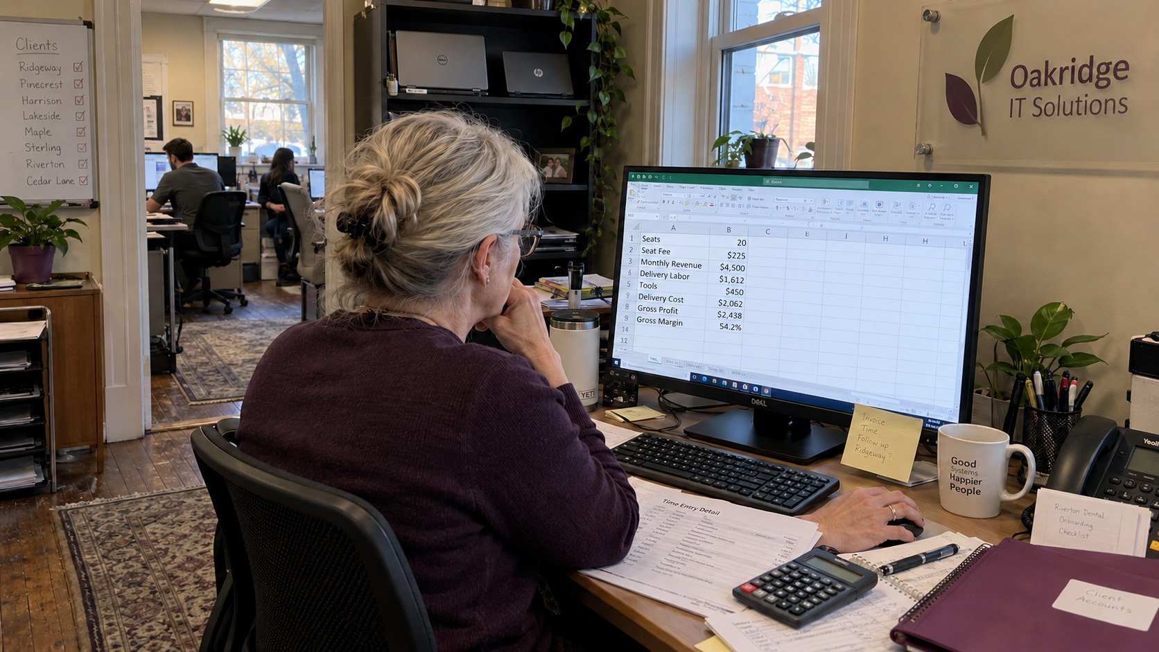 MSP owner completes a client profitability analysis using a spreadsheet and delivery time records