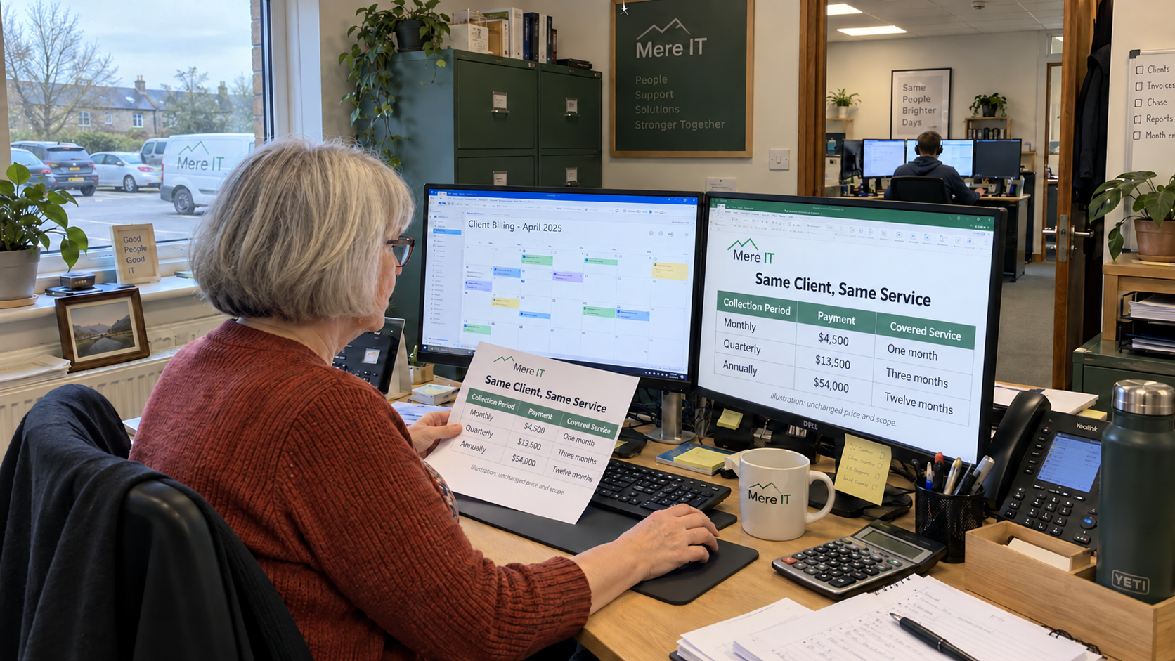 MSP bookkeeper reviews a client payment schedule for annual vs monthly billing
