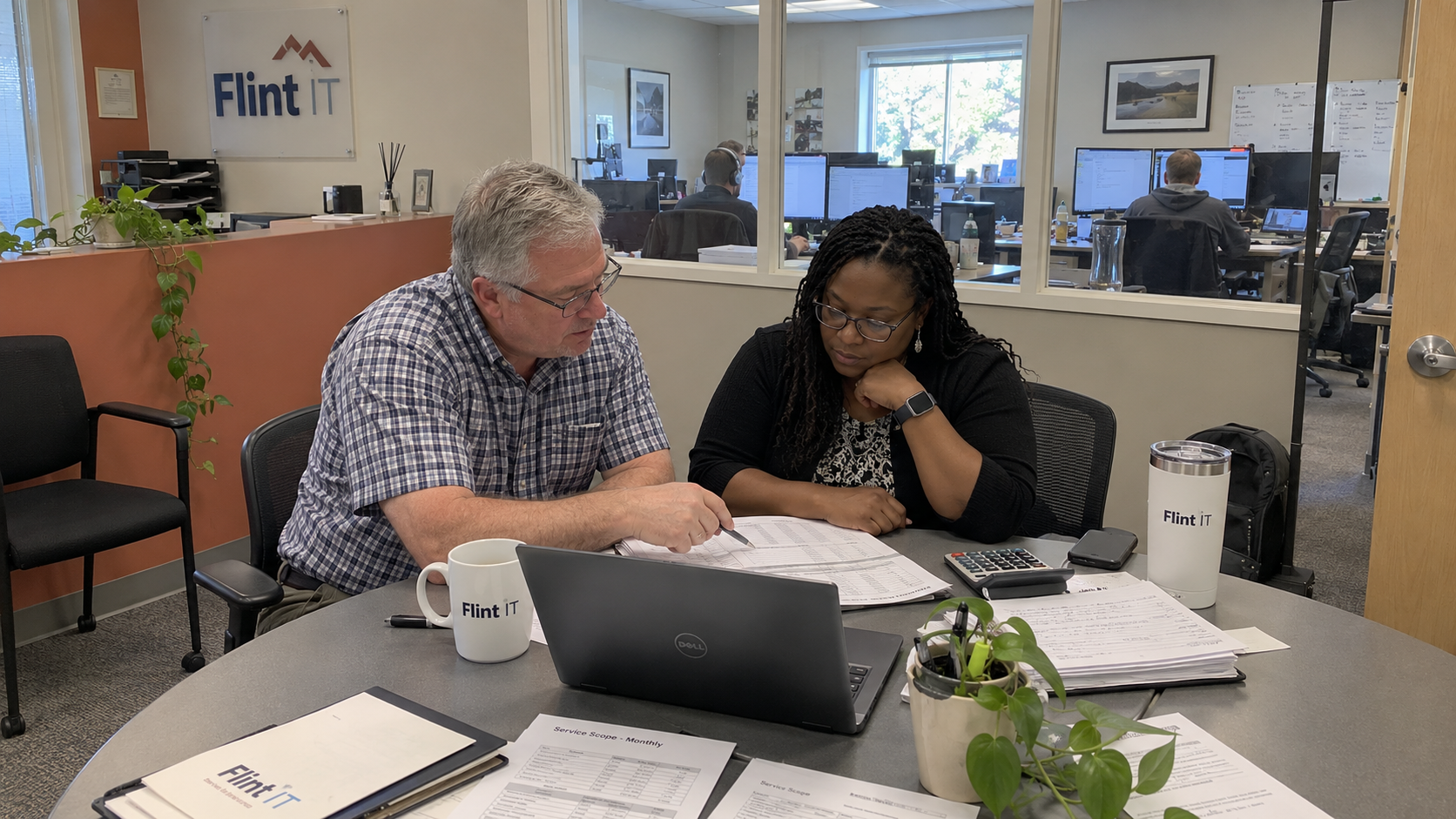 MSP account manager and finance coordinator check a managed services agreement scope page