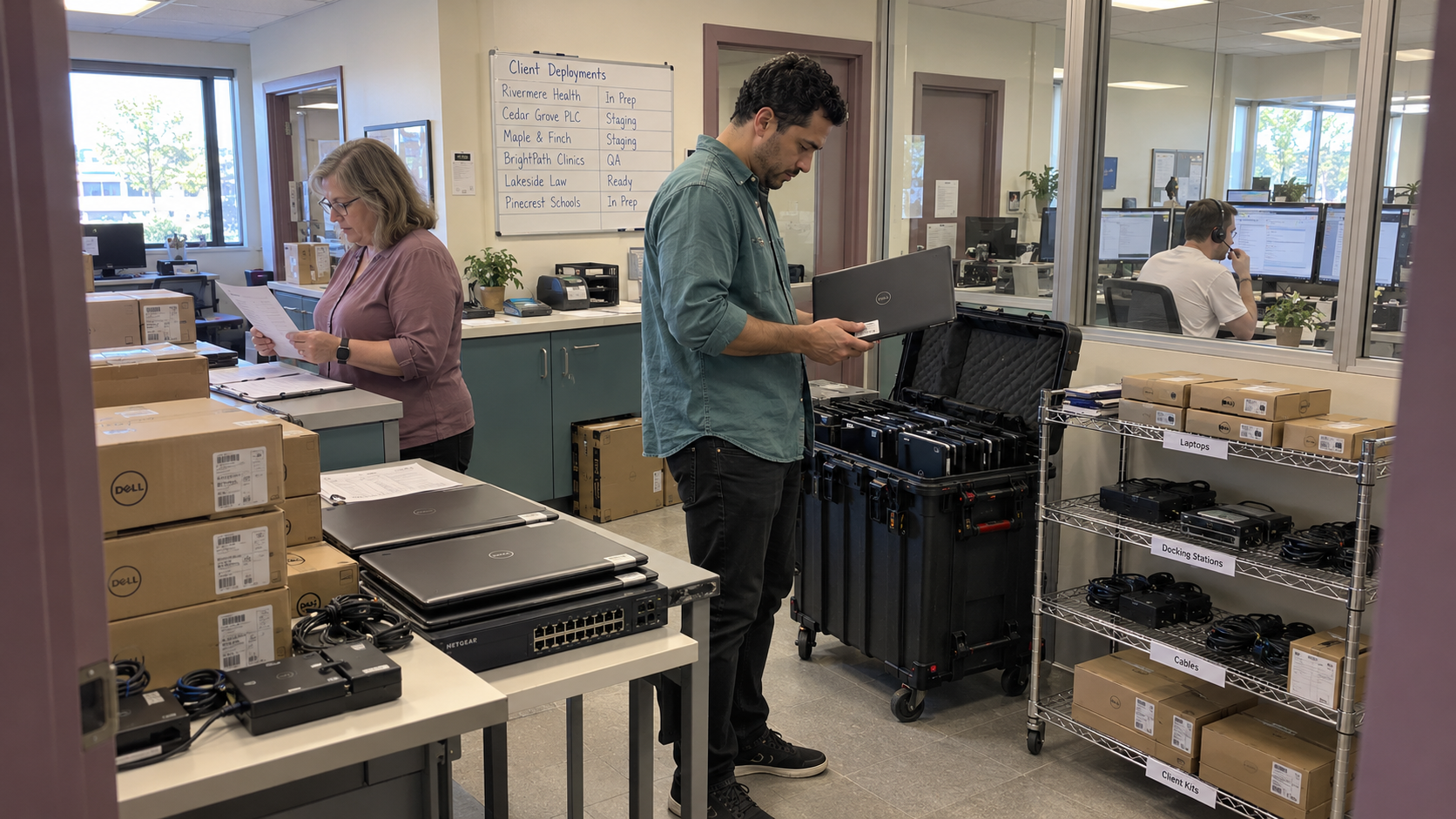 Glass partition shows the service desk vs project work split as engineers prepare client laptops.