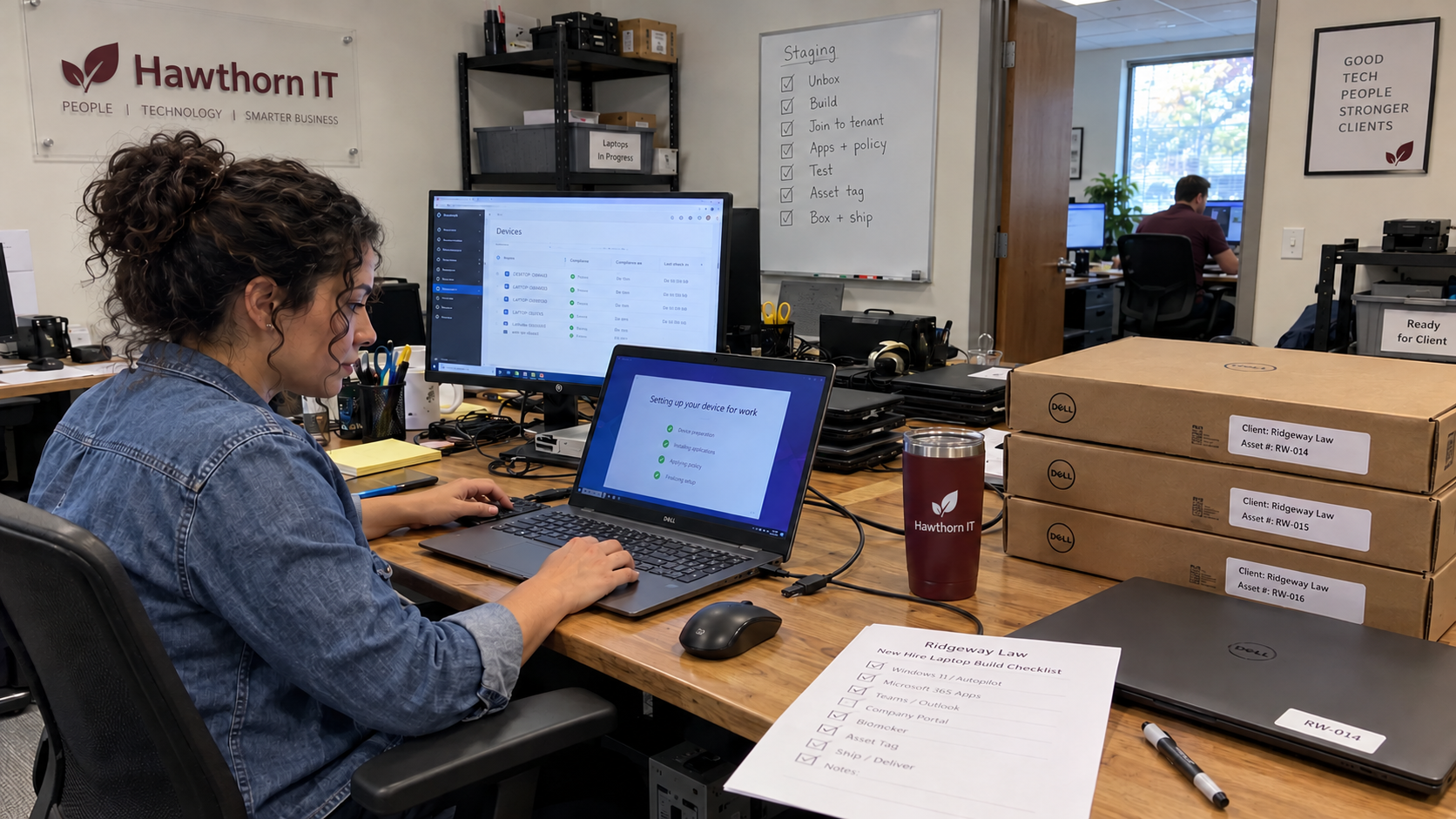 Technician verifies a new client device at a staging desk during the laptop imaging process
