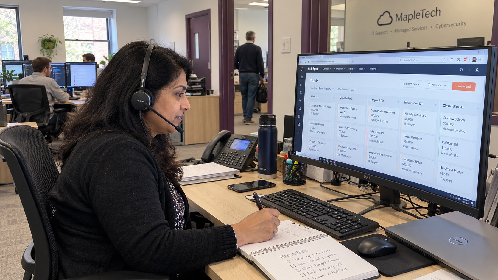 MSP seller checks a sales pipeline dashboard while making a headset call and noting the next buyer action