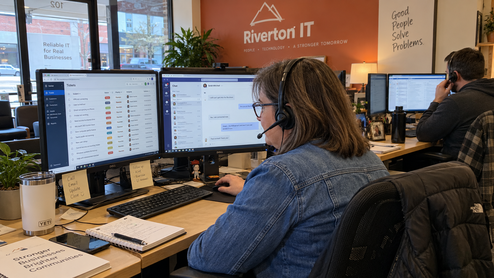 Service desk technician in a headset works a ticket queue on two monitors while a colleague takes a call.