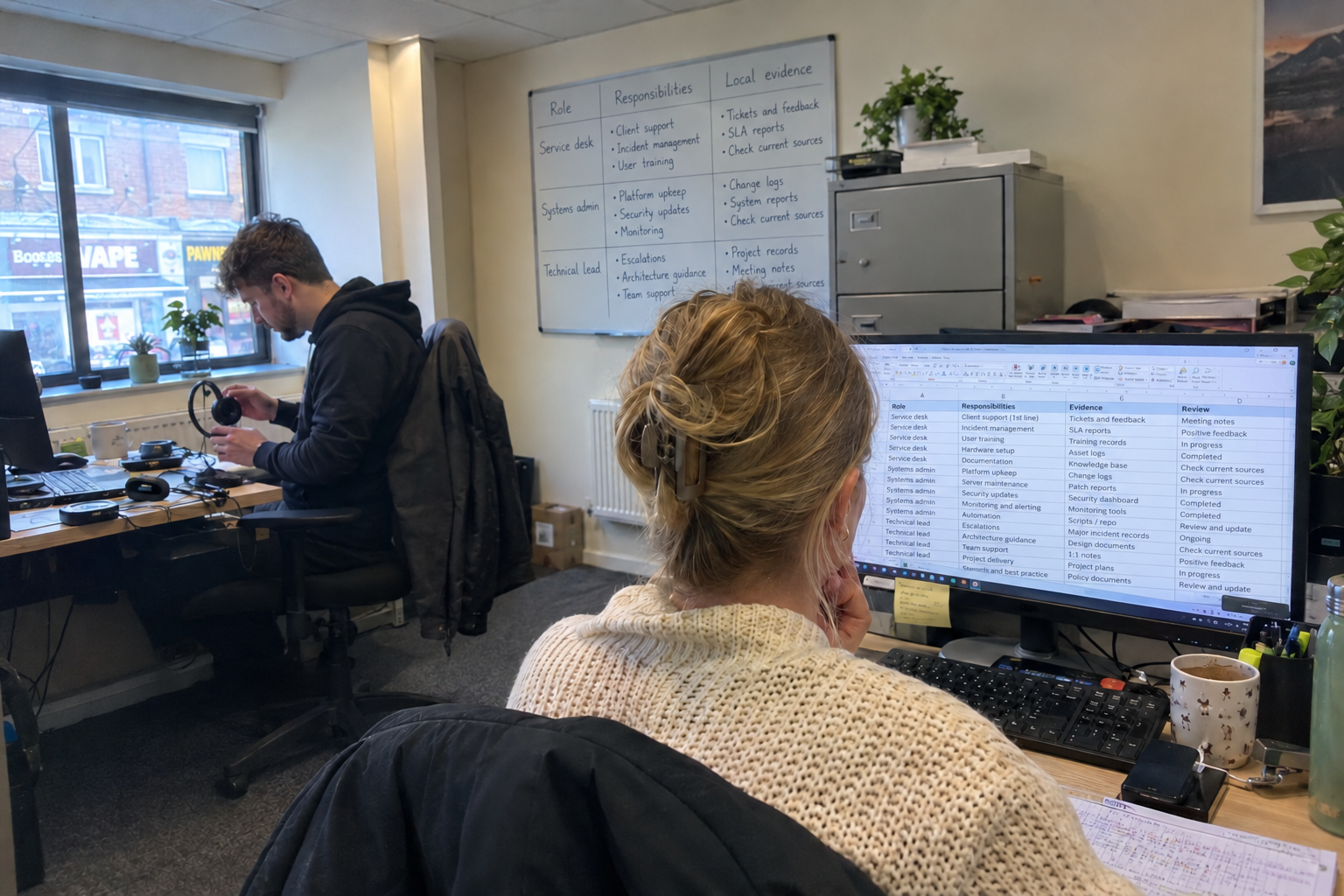 A manager reviews a worksheet of desk roles and responsibilities while a technician works nearby