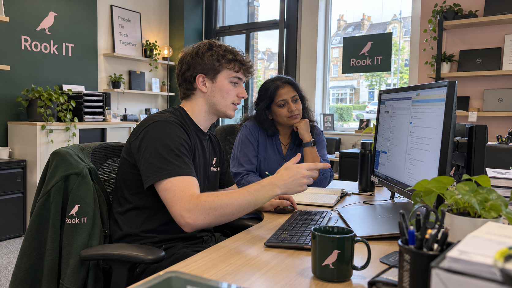 Junior technician and coach review a diagnosis as part of a help desk career path in a small MSP office