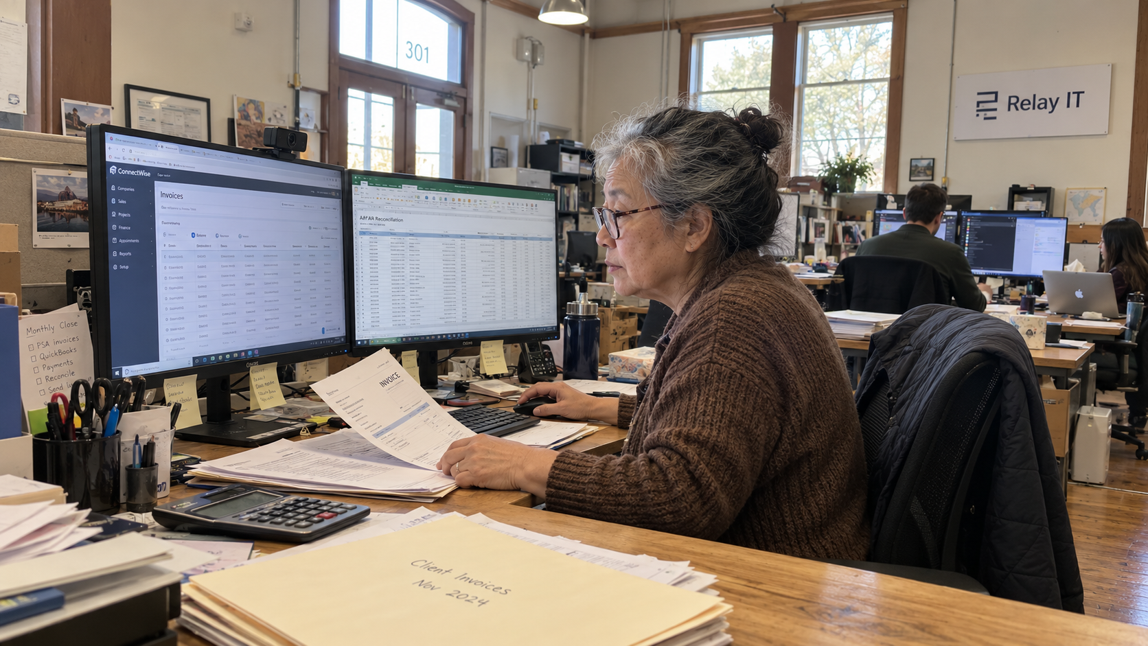 MSP office manager compares PSA invoices and accounting records during billing reconciliation