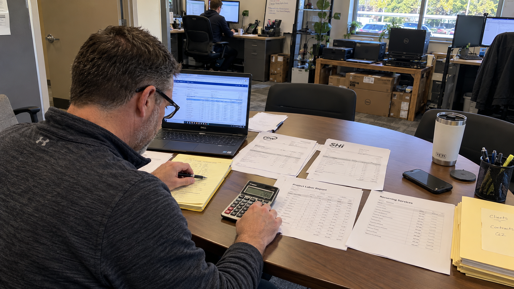 MSP owner checks hardware invoices and project labor records for a recurring revenue valuation