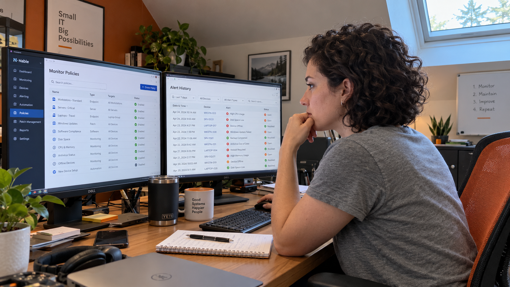 Technician compares monitoring policies and alert history to reduce alert fatigue at an MSP