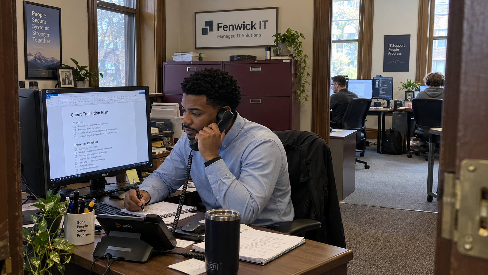 MSP account manager takes notes during a phone call using client exit interview questions and a transition plan.
