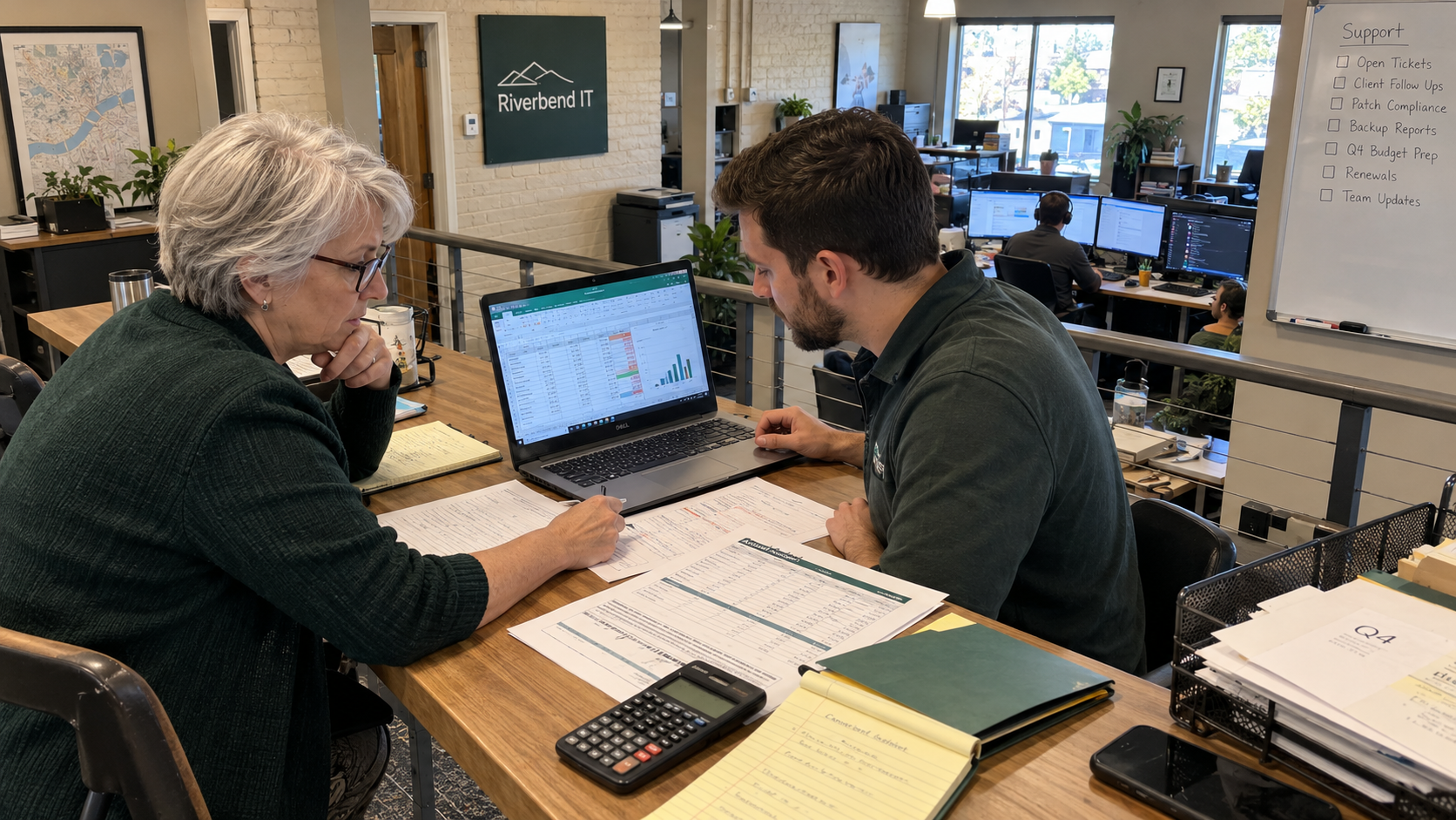 MSP owner and bookkeeper review an annual budget against MSP financial benchmarks at an office counter