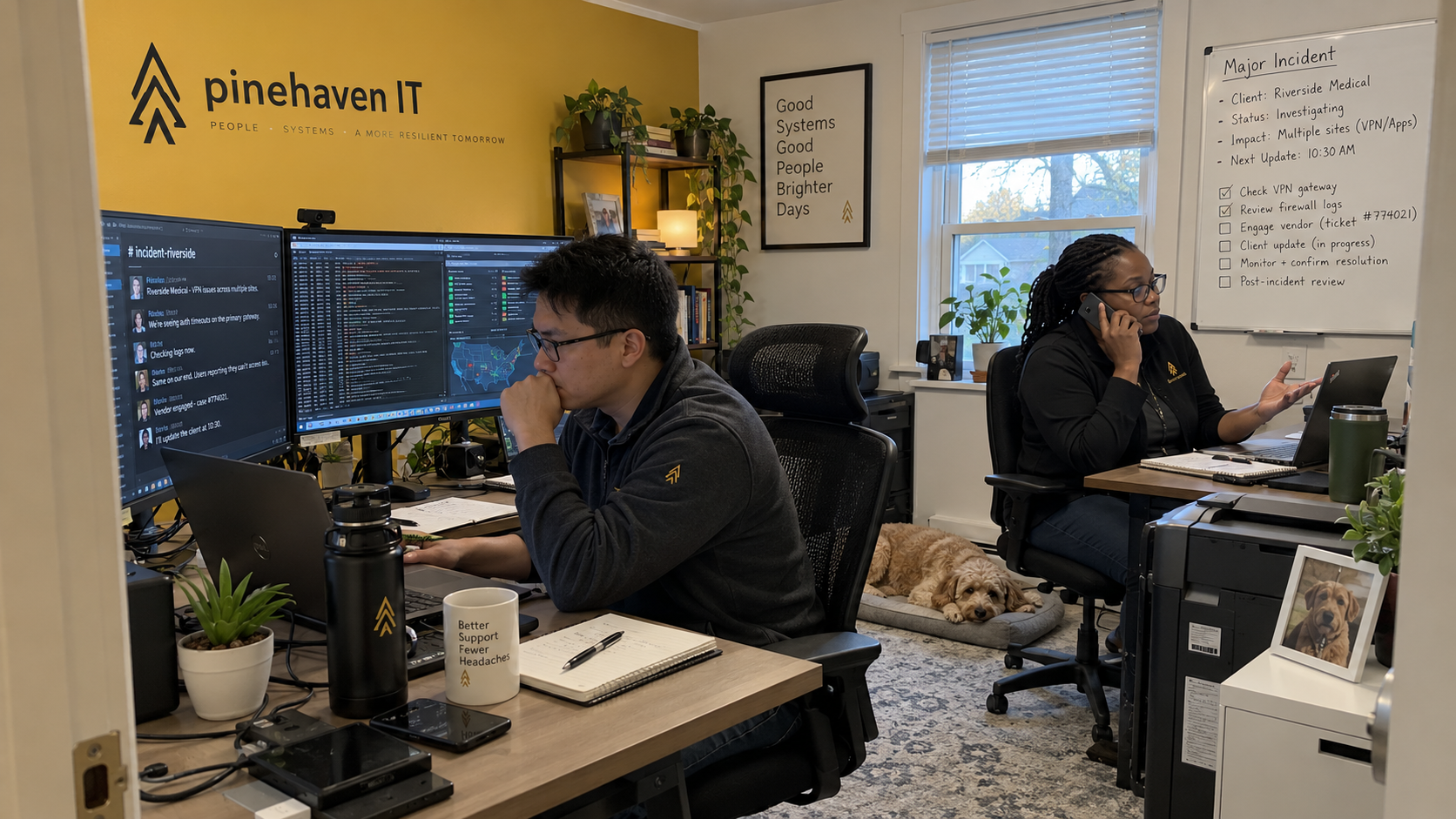 Technical lead investigates an outage while an account manager updates the client during a major incident process