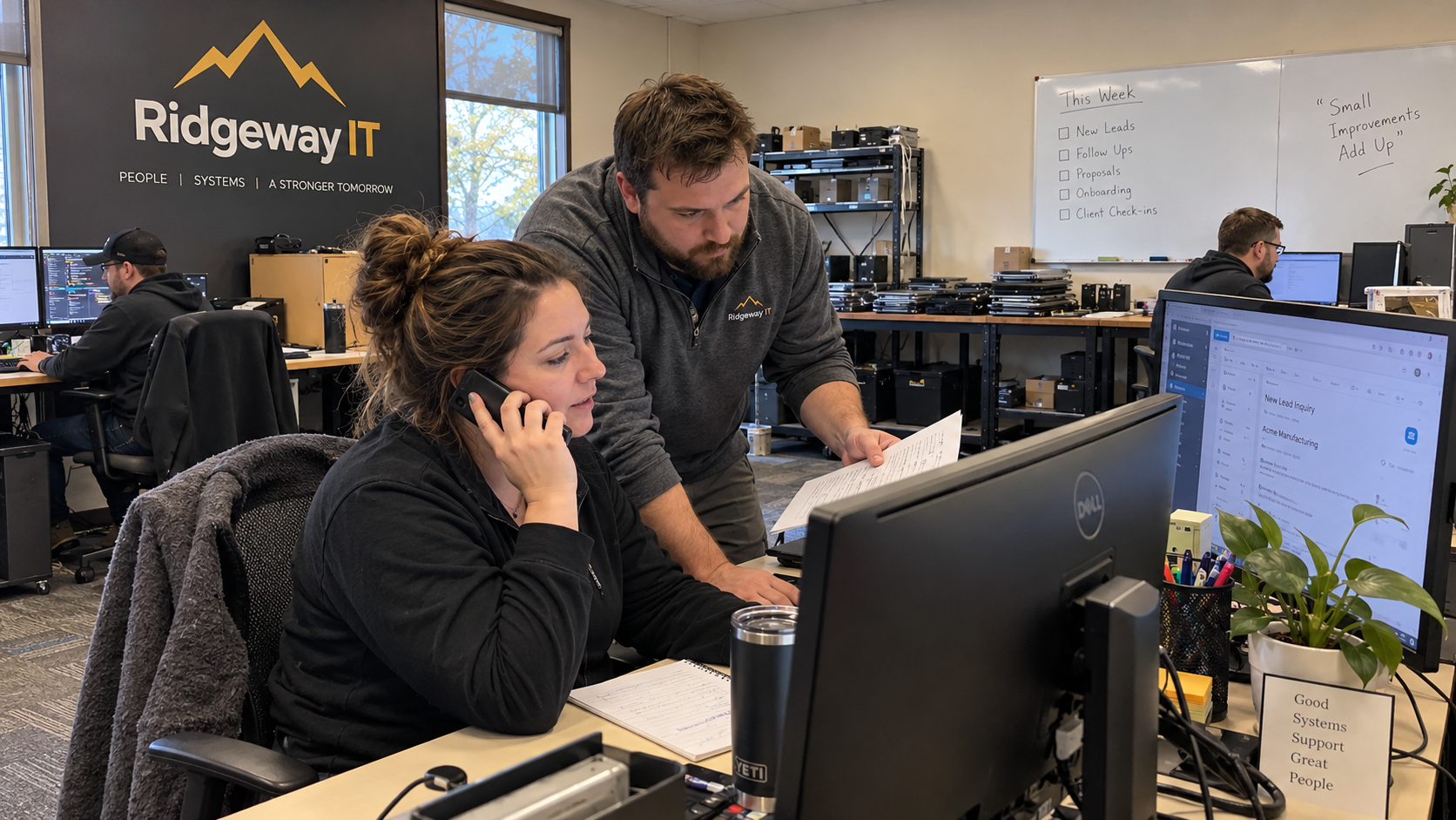Woman speaks on a phone at her desk while a colleague holds a sheet of paper beside her monitor.